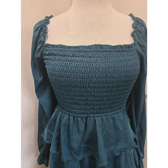 Charmed Hearts Dark Forest Green 3 Tiered Ruffle Mini Dress, Long Sleeves, Smock - Picture 4 of 11